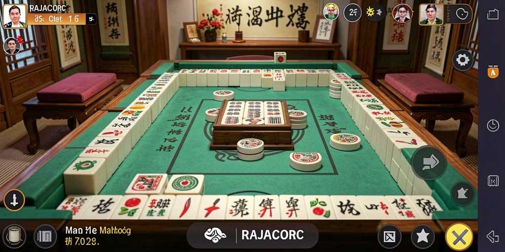Tampilan gameplay seru dari RAJACORC yang menampilkan ubin Mahjong.